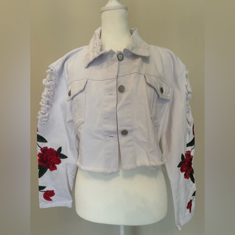 36 Point 5 White and Red Jean Jacket with Rose Embroidery